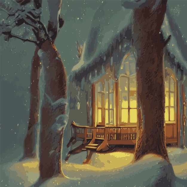 Mobile Vector illustration of Christmas night scene with snowy wooden house and decorated fir tree sweet home in snowy