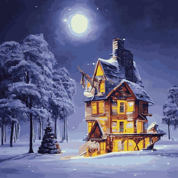 Mobile Vector illustration of Christmas night scene with snowy wooden house and decorated fir tree sweet home in snowy