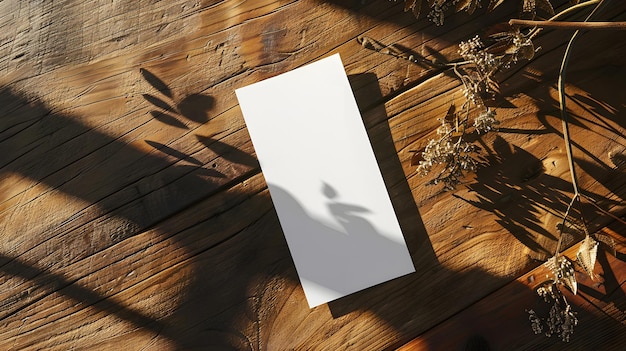 mocap photo blank white postcard top down view lying on a wooden table surface