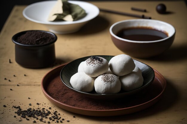 Mochi chocolate balls on a wooden table