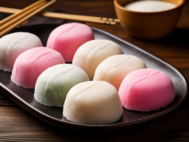 Mochi ice cream on japanese wooden plate generated ia