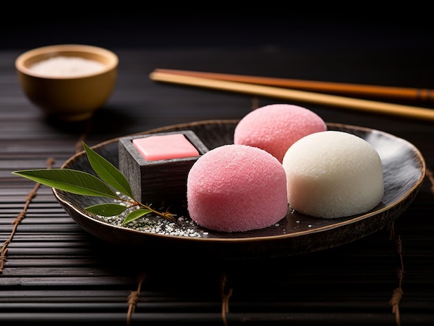 Mochi ice cream on japanese wooden plate generated ia