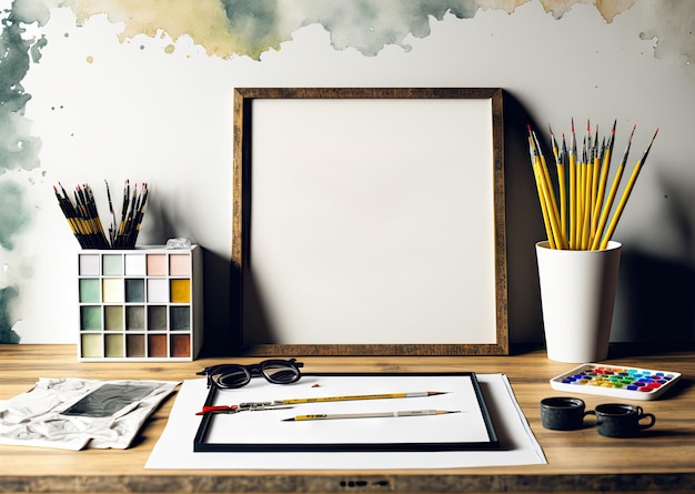 Mock up of an artistic workspace complete with watercolor paper and painting tools