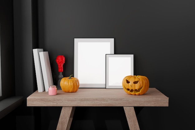 Mock up black frame with Jack o Lantern and pumpkin decor on a desk Halloween concept 3d render