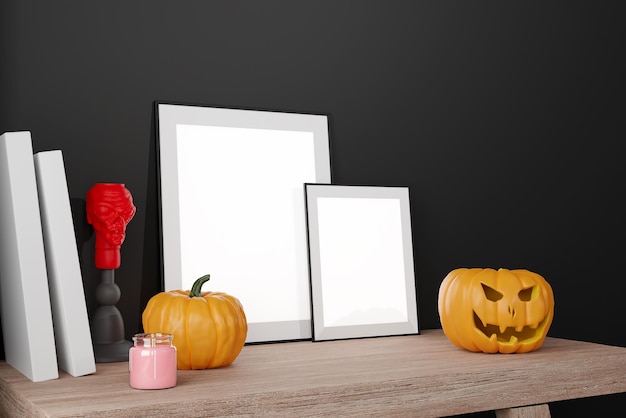 Mock up black frame with jack o lantern and pumpkin decor on a desk halloween concept d render