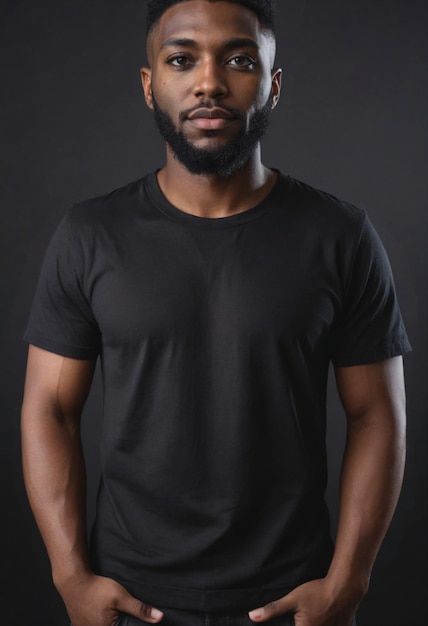 Mock up of blank black t shirt on a handsome black man standing against a black studio background