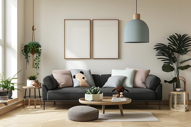 Mock up blank poster beautiful interior living room with decoration generative AI