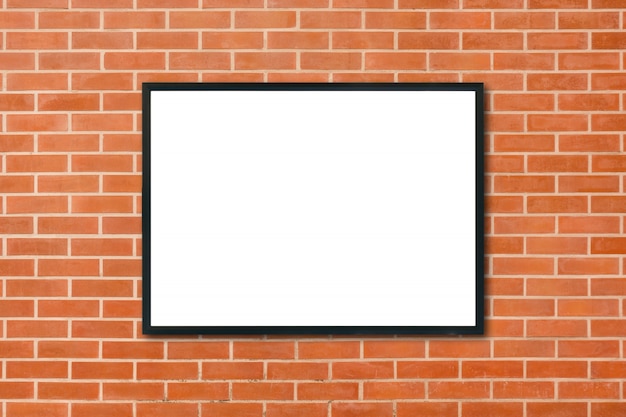 Mock up blank poster picture frame hanging on red brick wall background in room