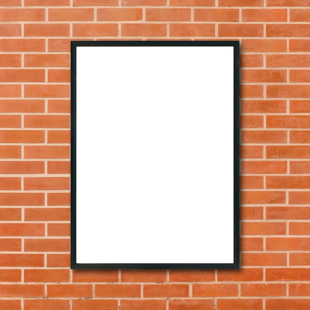 Mock up blank poster picture frame hanging on red brick wall background in room