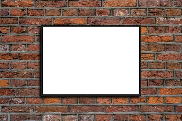 Mock up blank poster picture frame hanging on red brick wall background in room