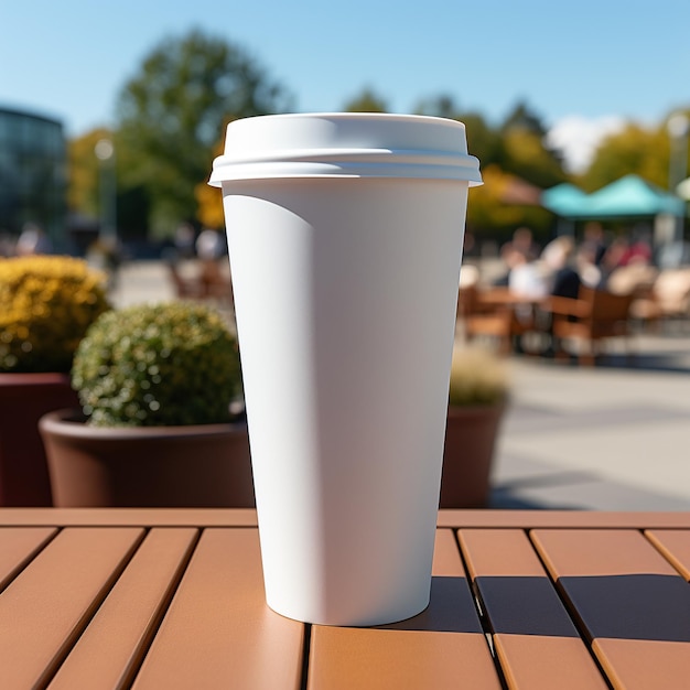 mock up blank white coffee and tea cup with wooden table and blurred background