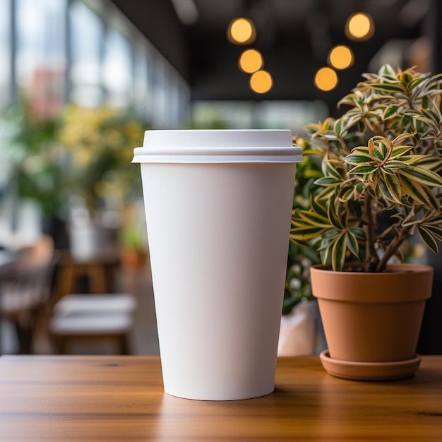 mock up blank white coffee and tea cup with wooden table and blurred background