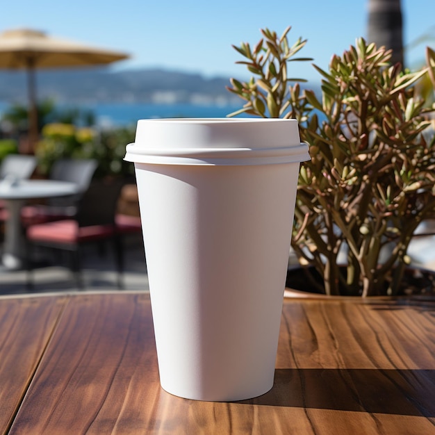 mock up blank white coffee and tea cup with wooden table and blurred background