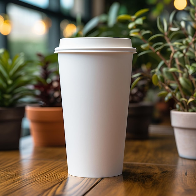 mock up blank white coffee and tea cup with wooden table and blurred background