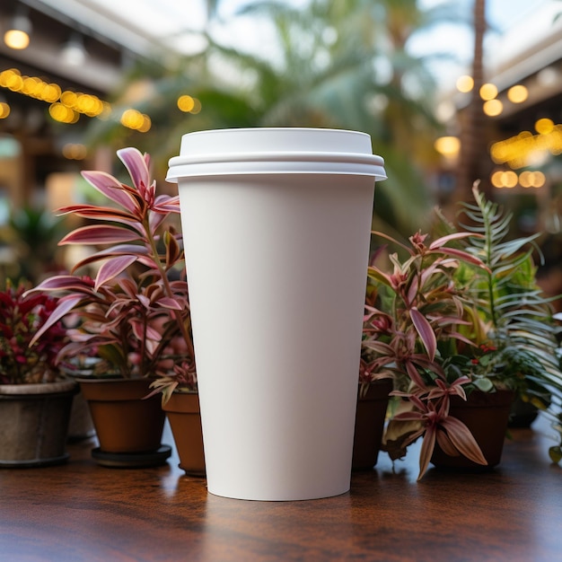 mock up blank white coffee and tea cup with wooden table and blurred background