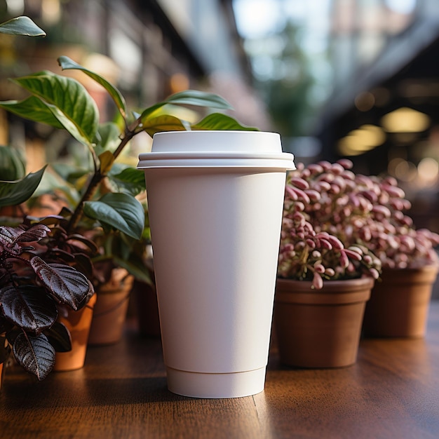 mock up blank white coffee and tea cup with wooden table and blurred background