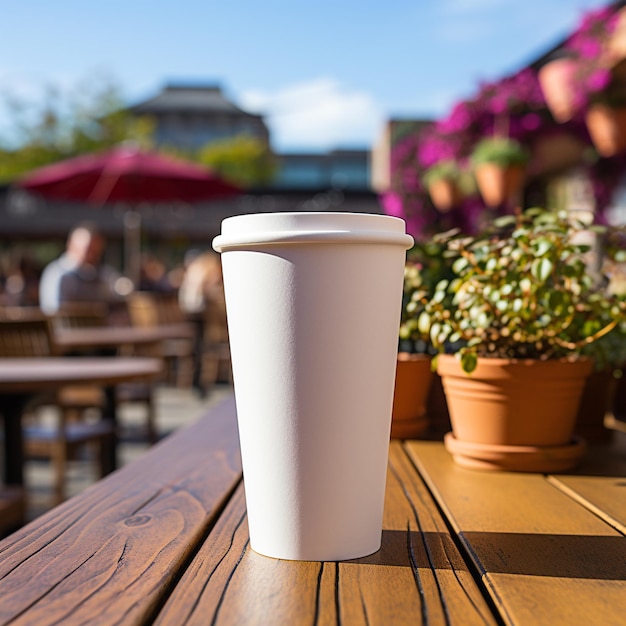 mock up blank white coffee and tea cup with wooden table and blurred background