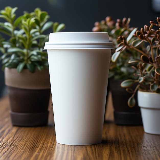 mock up blank white coffee and tea cup with wooden table and blurred background