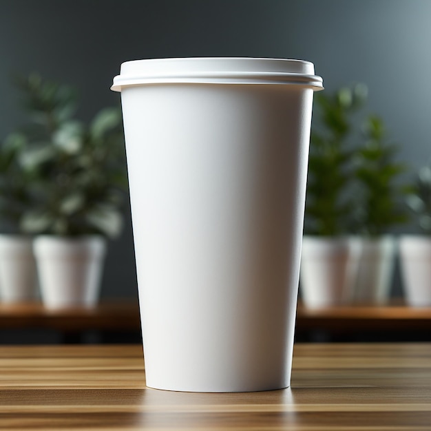 mock up blank white coffee and tea cup with wooden table and blurred background