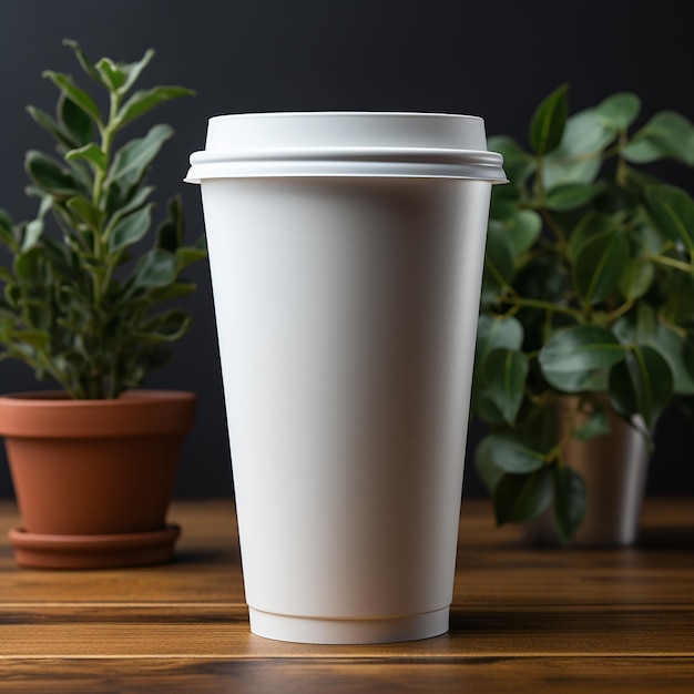 mock up blank white coffee and tea cup with wooden table and blurred background