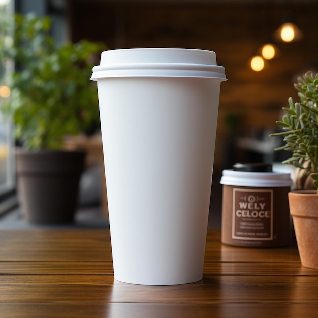 mock up blank white coffee and tea cup with wooden table and blurred background