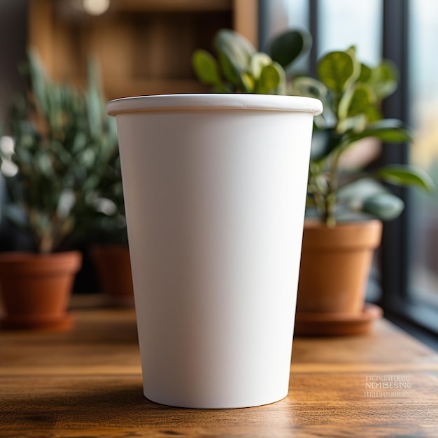 mock up blank white coffee and tea cup with wooden table and blurred background