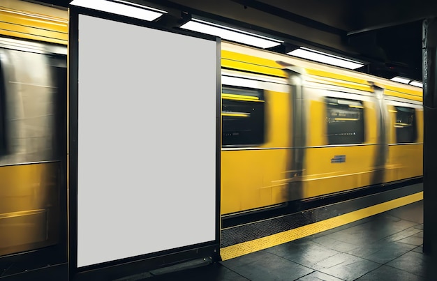 Mock up Board Banner Poster in Subway Train station Blur Train moving background Generative ai