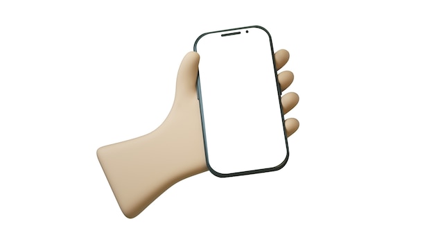 Mock up cartoon three d hand and smartphone on white background  with place for your text   three d illustration