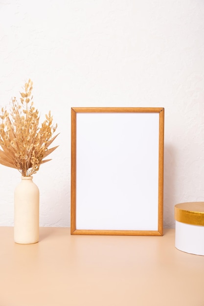 Mock up empty wooden frame mockup dried pampas grass round box on white background interior home design Art concept copy space