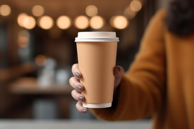 Mock up of female hand holding blank coffee paper cup for advertising