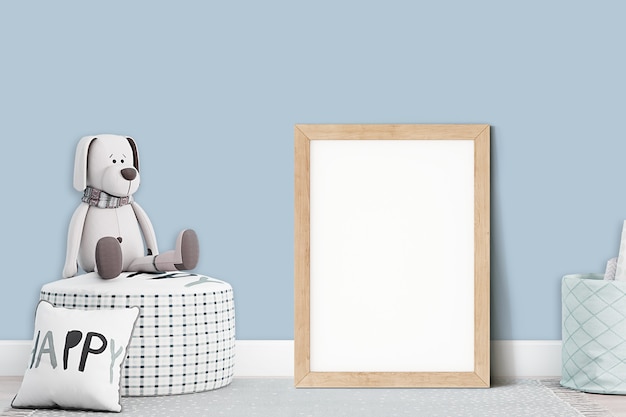 Mock up  frame in children room scandinavian style wood frame a4 and plush dog