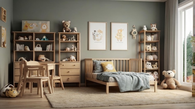 Photo mock up frame in children room with natural wooden furniture