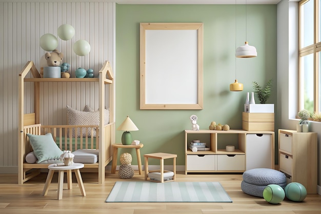 Mock up frame close up in children room with natural wooden furniture