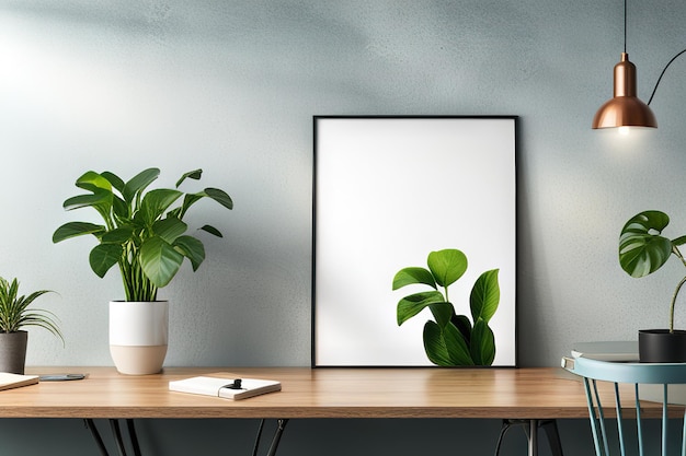 Mock up frame close up in home interior background potted flowers on table