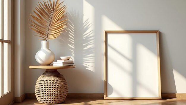 Mock up frame in home interior background white room with natural wooden table and decor