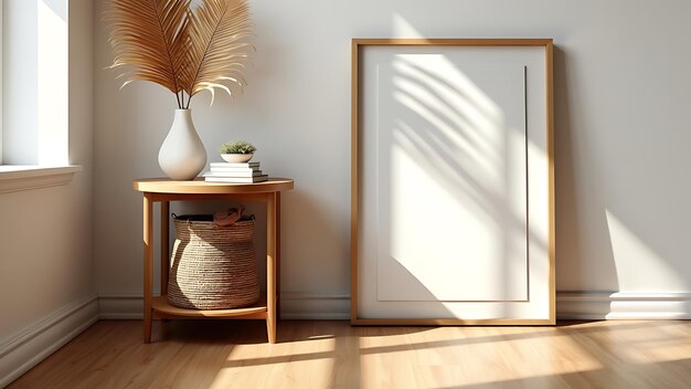 Mock up frame in home interior background white room with natural wooden table and decor