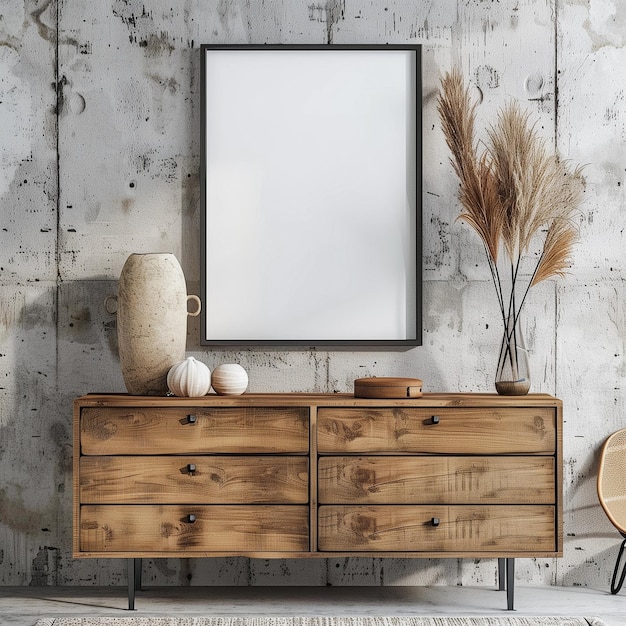 Photo mock up frame in the modern living room with wooden cabinet