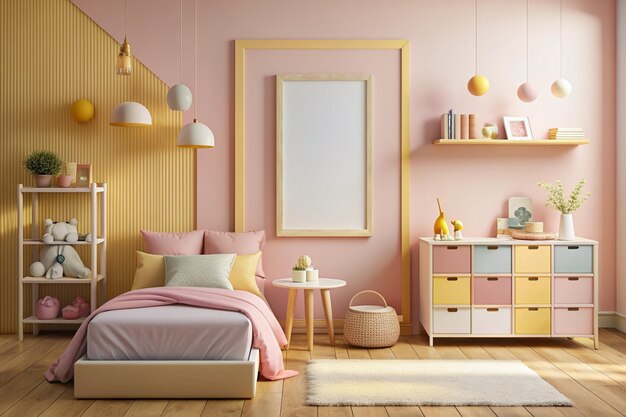 Photo mock up frame in warm colored girl bedroom 3d rende