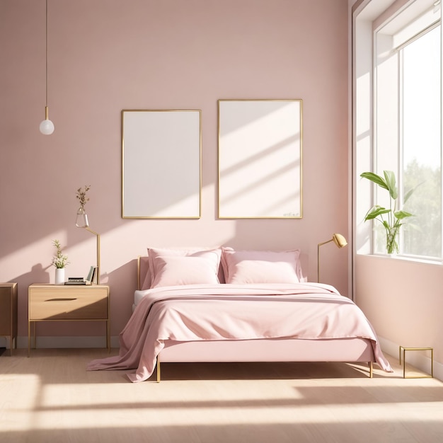 Mock up frame in warm colored girl bedroom 3D render