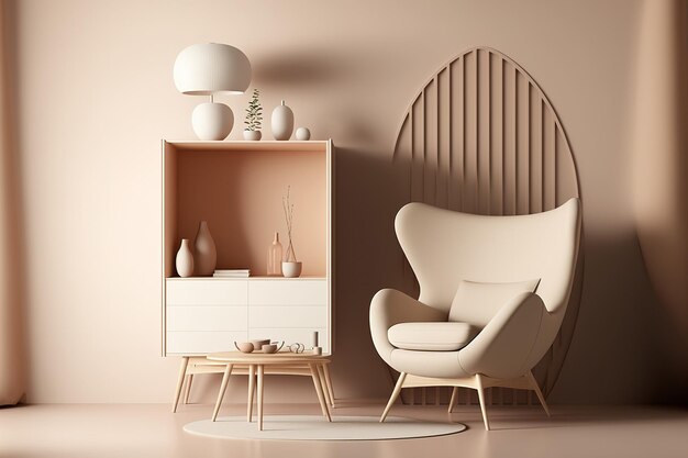 The mock up furniture design with a beige background and a modern interior is in the Scandinavian style