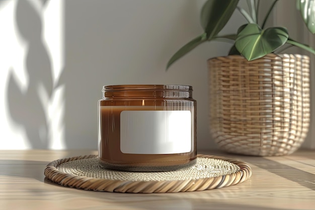 Photo mock up glass jar for candle with white square label brown tones backgroud