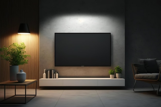 Mock up of a glowing blank TV screen at night on a concrete wall in a contemporary living room