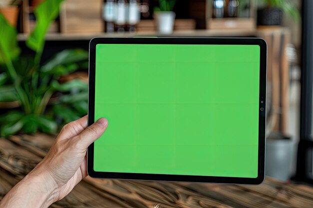 Photo mock up hand holding an ipad tablet with a green screen against the background of a wood cafe table