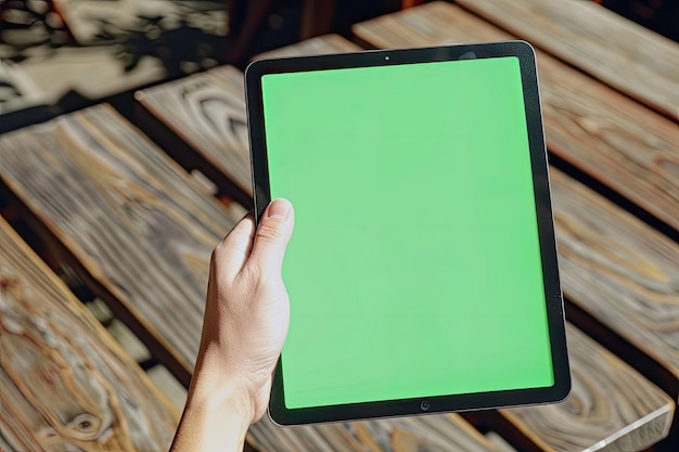 Photo mock up hand holding an ipad tablet with a green screen against the background of a wood cafe table