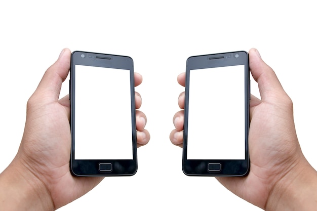 Mock up hand holding smartphone with blank screen on white background