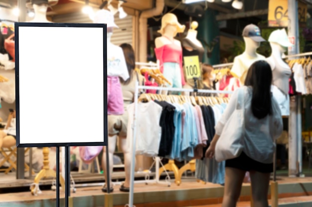 Mock up horizontal signboard with white frame empty space to insert text picture for promotion in fashion shoes shop at Chatuchak weekend market