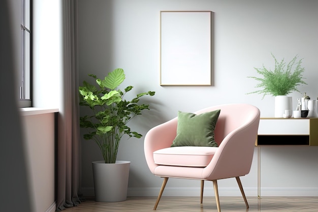 Mock up of a house interior of a nice modern living room with a pink chair