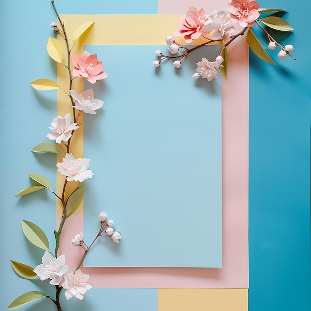 Photo mock up image of paper and flowers on plain background