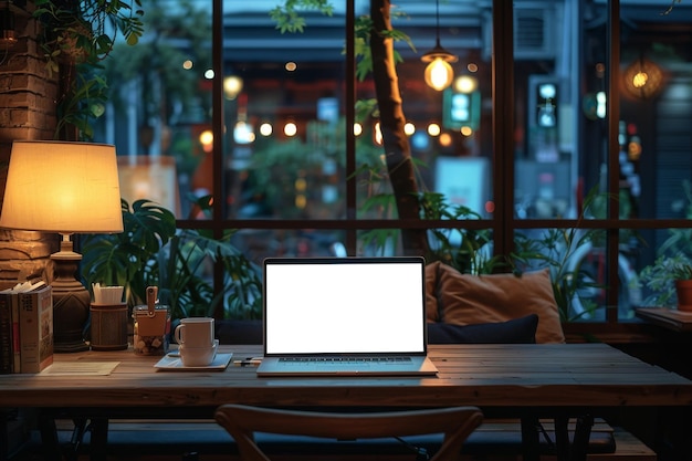 Mock up Laptop with white screen at bistro cafe copy space