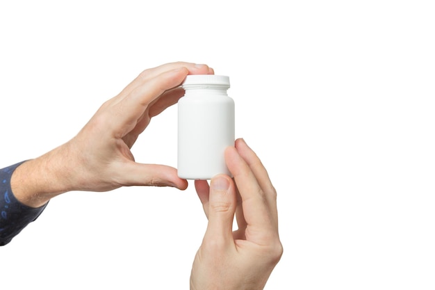 Mock up layout Hands hold plastic container for pills